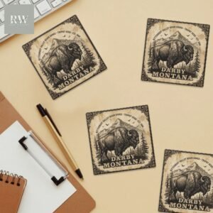 Eco-Friendly Darby, Montana Bison Coasters 4 Pack with Wood Base